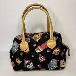 H. Ravi Dallas Birdhouse American Flag Print Satchel Handbag Purse Black Vintage
